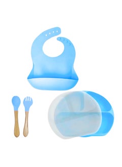 Generic Baby Feeding Set with Silicone Bib, Divided Plate, Spoon and Fork, 4 Pieces  - Image 1