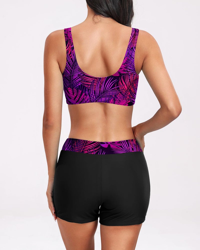 Holipick Black Purple Leaf Long Sleeve Swimsuits for Women - 3 Piece Rash Guard with Shorts Zipper SPF Swim Shirt with Built in Bra M - Image 2