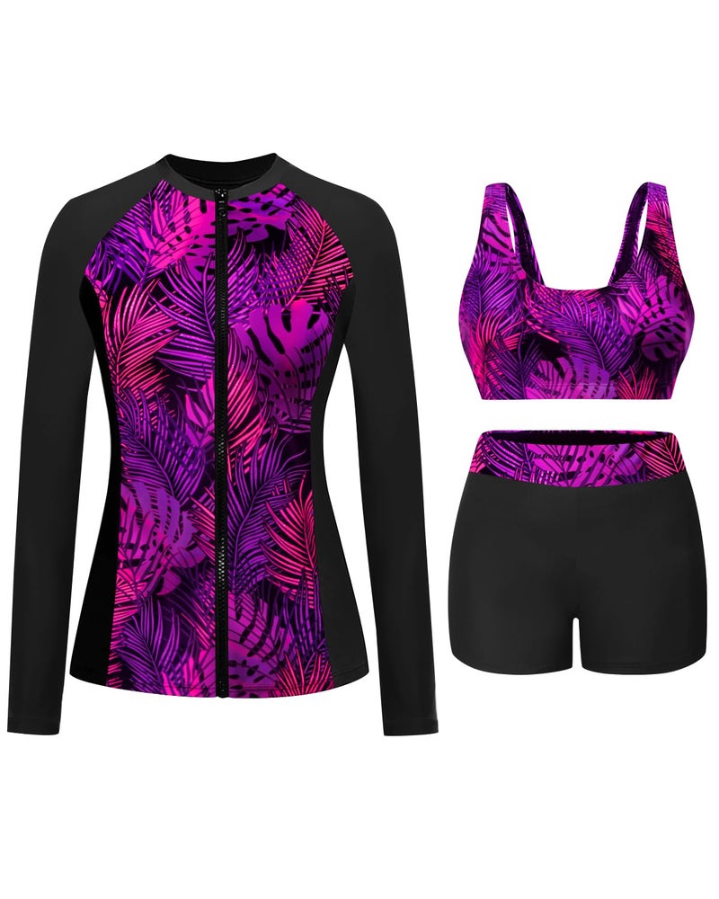 Holipick Black Purple Leaf Long Sleeve Swimsuits for Women - 3 Piece Rash Guard with Shorts Zipper SPF Swim Shirt with Built in Bra M - Image 1