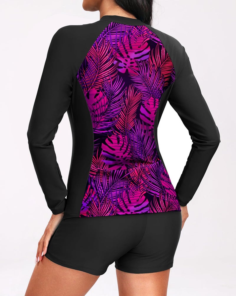 Holipick Black Purple Leaf Long Sleeve Swimsuits for Women - 3 Piece Rash Guard with Shorts Zipper SPF Swim Shirt with Built in Bra M - Image 5