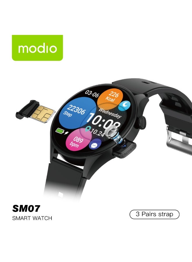 Modio SM07 Smartwatch with 1.5 Inch Full Touch Display SIM Card Slot 8MP Camera 3 Pair Straps and Charging Cable Designed for Ladies and Gents Black