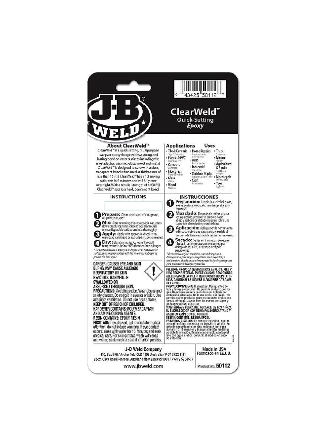 JB WELD - 4400-PSI High Strength ClearWeld Quick-Setting Multipurpose Epoxy Clear 25 ml 50112 - Image 1