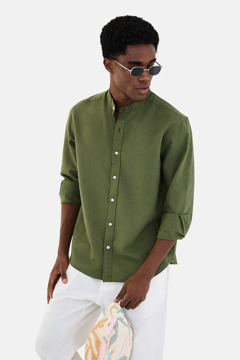 سنيتش Olive Solid Long Sleeve Regular Fit Shirt