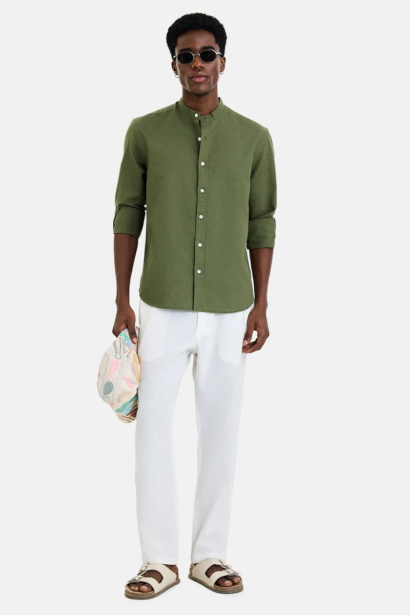 سنيتش Olive Solid Long Sleeve Regular Fit Shirt