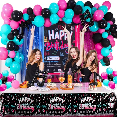 OurWarm Tik Tok Birthday Party Decorations 135Pcs Happy Birthday Decorations Includes Banner Fringe Backdrop Balloons Arch Tablecloth for Party Supplies - Image 5
