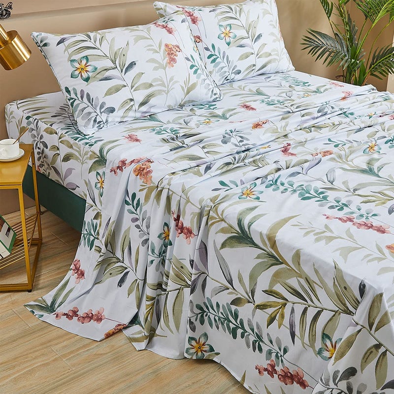 FADFAY Floral Leaves Sheet Set King Premium 100 Cotton 600 TC Green Leaf  Teal Flower Watercolor Farmhouse Bedding Super Soft Breathable Deep Pocket Bed Sheets Set 4Piece King