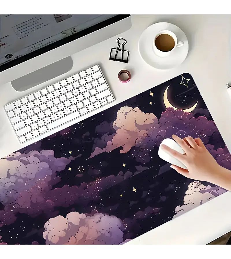 1 حصيرة ماوس كبيرة مقاس 1 قطعة تصميم 1، غير قابلة للانزلاق، حصيرة مكتب كبير الحجم 11.81 × 23.62 بوصة، تصميم سحاب بنفسجي وردي ونجمة وهلال، قاعدة مطاط طبيعي للاستخدام المكتبي والألعاب والمنزل - Image 4