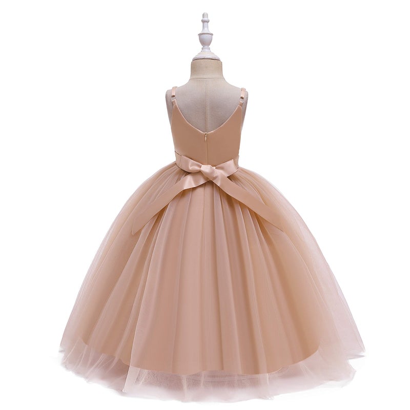 Glamulice Flower Girl Dress Kids Lace Spaghetti Strap Tulle Dresses Wedding Bridesmaid Pageant Party Dance Ball Gown Rose Gold Princess Kids Prom Gown Formal Holiday Golden Photo Shoot Evening,US 8Y - Image 3