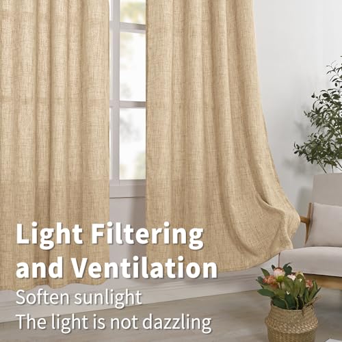 BGment Burlap Linen Curtains 63 Inch Length 2 Panels, Back Tab and Rod Pocket Semi Sheer Textured Window Drapes Light Filtering for Bedroom Farmhouse Living Room Privacy, 52 Inch Wide Each Panel - Image 4