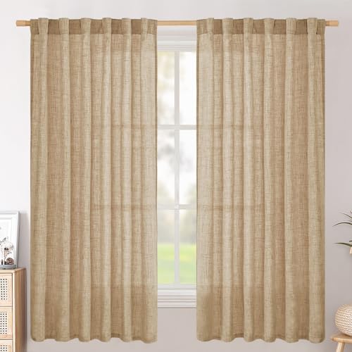 BGment Burlap Linen Curtains 63 Inch Length 2 Panels, Back Tab and Rod Pocket Semi Sheer Textured Window Drapes Light Filtering for Bedroom Farmhouse Living Room Privacy, 52 Inch Wide Each Panel - Image 1