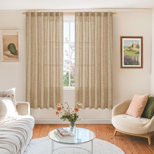 BGment Burlap Linen Curtains 63 Inch Length 2 Panels, Back Tab and Rod Pocket Semi Sheer Textured Window Drapes Light Filtering for Bedroom Farmhouse Living Room Privacy, 52 Inch Wide Each Panel - Image 2
