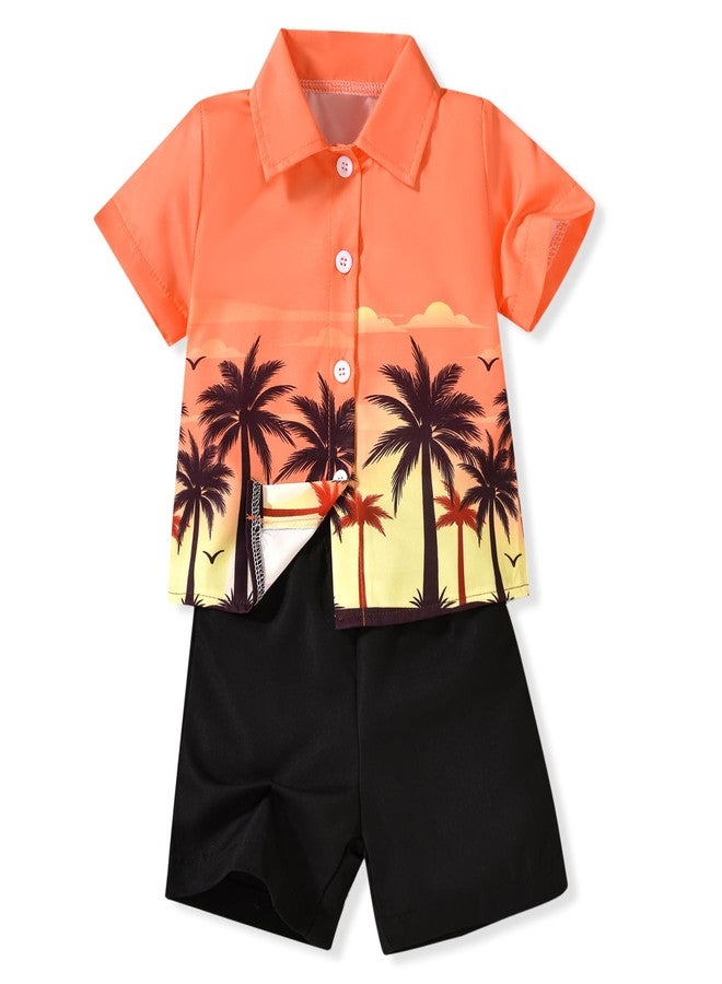 HiHa 18-24 Months Baby Boys Hawaiian Outfit Toddler Hawaii Tropical Button Down Shirts Short Set Summer Sunset Coconut Tree Clothes Orange - Image 1