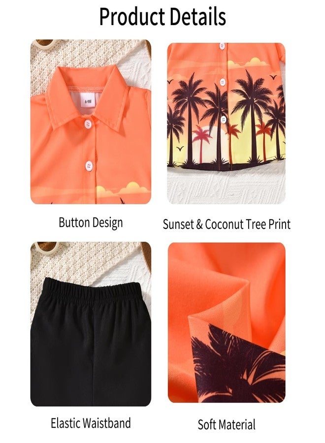 HiHa 18-24 Months Baby Boys Hawaiian Outfit Toddler Hawaii Tropical Button Down Shirts Short Set Summer Sunset Coconut Tree Clothes Orange - Image 4