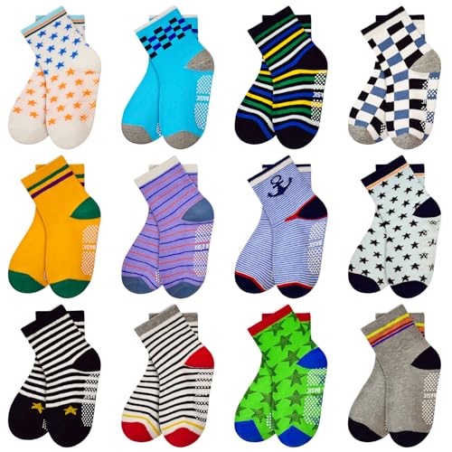 HYCLES Anti Slip Toddler Socks, 12 Pairs Non-Skid Cotton Grip Kid Socks for 3-5T Kids Boy Girl - Image 1