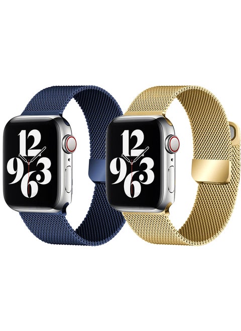 [set of 2] YOMNA Magnetic Metal Milanese Loop Band Compatible with Apple Watch Band 42mm 44mm 45mm 49mm, Mesh Strap Replacement for iWatch Series Ultra SE 8 7 6 5 4 3 2 1 (Navy Blue/Gold)
