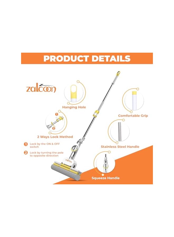ZALCOON PVA Quadruple Rollers Sponge Mop 33cm, Super Absorbent Foam Sponge Mop | Telescopic Handle, Quick Release Mop-head | Household Cleaning Tool for Hardwood, Multi-Surface Hard Floors (Pack of 1) - Image 4