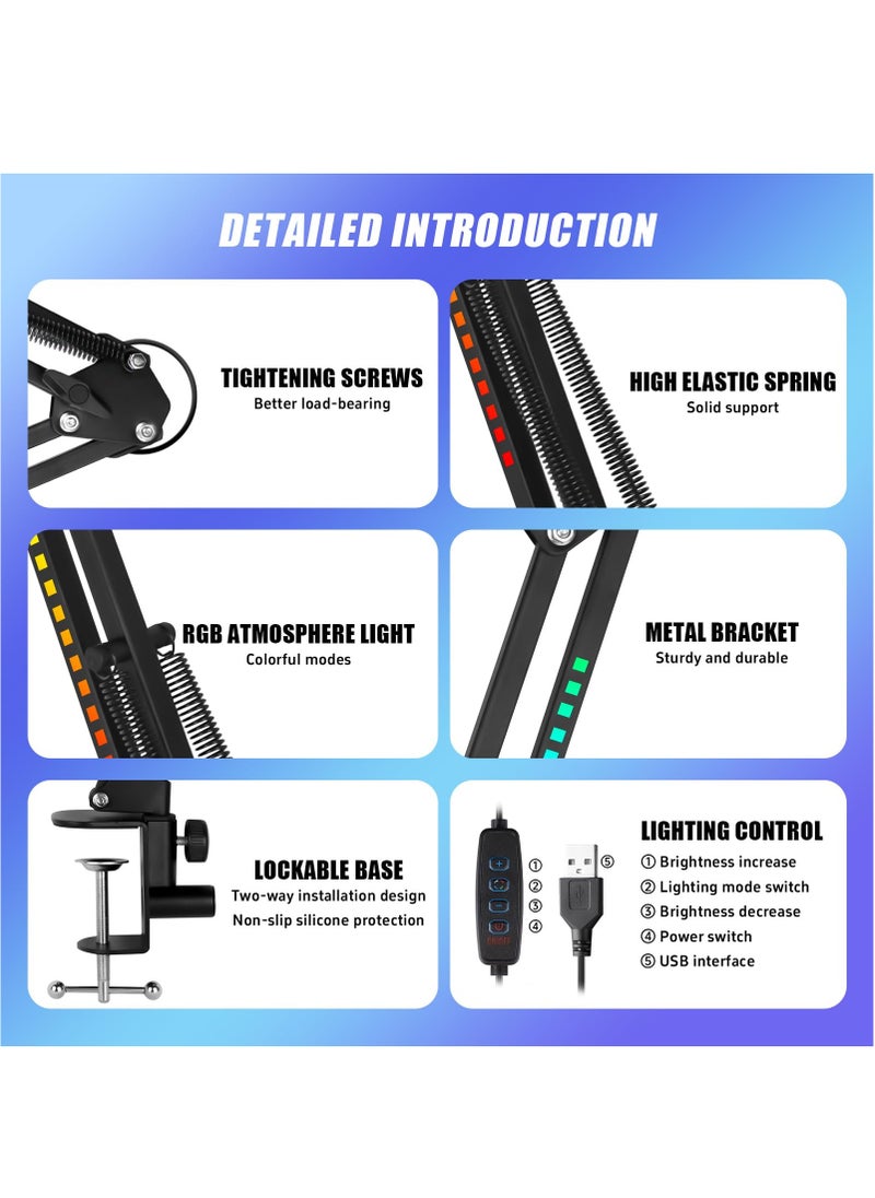 XiuWoo - RGB Light Microphone Stand Arm Boom Desk Holder Multiple Joint Angle Adjustment with Microphone Clip Suitable for 2 kg,Black - Image 1