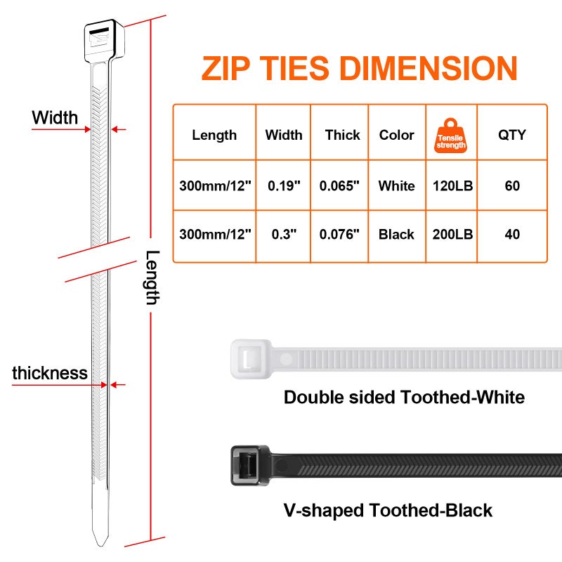 JIANYANG Zip Ties Heavy Duty 12+12 inch,V-Shaped Toothed Double Sided With 200 LBS Tensile Strength Cable Ties ï¼ŒExtra Large Wire Ties Adjustable Nylon Tie Wraps for Indoor Outdoor Black and Whiteï¼ˆ100 Packï¼‰ - Image 2
