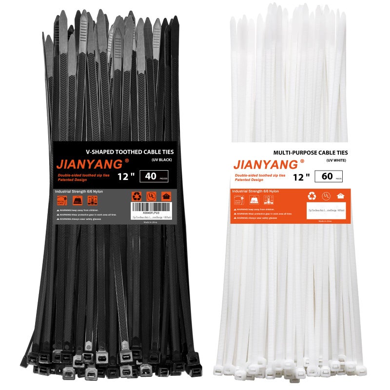 JIANYANG Zip Ties Heavy Duty 12+12 inch,V-Shaped Toothed Double Sided With 200 LBS Tensile Strength Cable Ties ï¼ŒExtra Large Wire Ties Adjustable Nylon Tie Wraps for Indoor Outdoor Black and Whiteï¼ˆ100 Packï¼‰ - Image 1