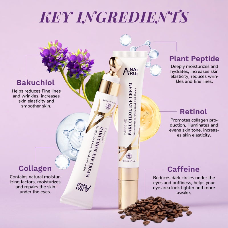 ANAI RUI Caffeine Bakuchiol Firming Eye Cream, Retinol & Peptide Eye Cream for Dark Circles, Puffiness, Wrinkles, Bakuchiol Alternative Retinol Eye Moisturizer for Under-Eye Skin Repair 0.5 FL OZ - Image 3