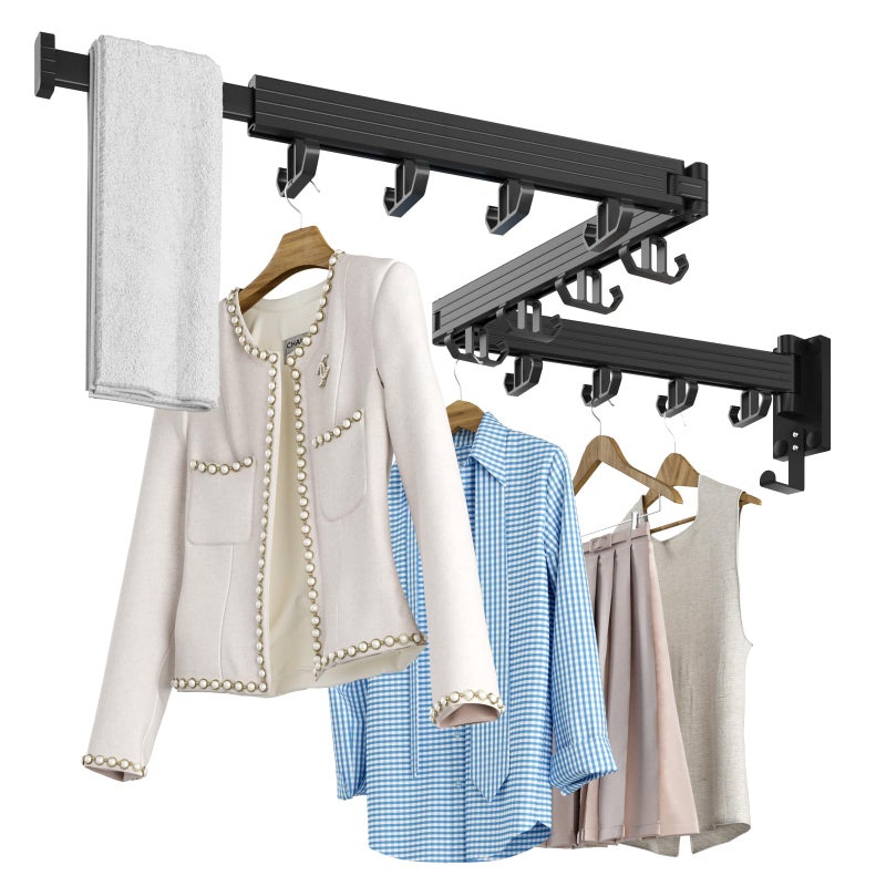 Kelisiting Wall Mount Clothes Drying Rack Wall Mounted Drying Rack Upgraded 3Fold  Sturdy Laundry Drying Rack with 12 DualSide Hooks Space Saver for Laundry Room Apartment Dorms  Black