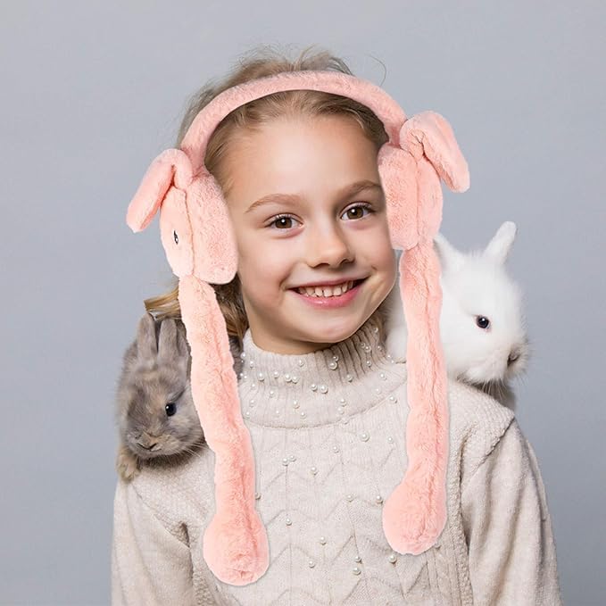 THE DDS STORE Women Kids Warm Plush Earmuffs Funny Bunny Ear Muffs with Moving Ears Cute Windproof Ear Warmer Toys Gift (Peach) - Image 3