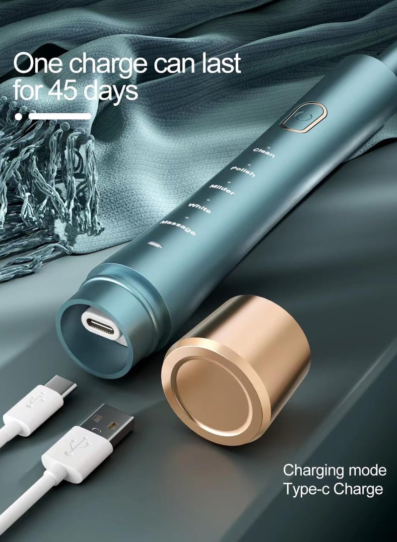 USB Rechargeable Sonic Electric Toothbrush for Adults, Powered Motor High Vibration Teeth  Gum Care, Soft Dupont Brush Heads, 2 Minutes Timer 5 Modes, Green - Image 3