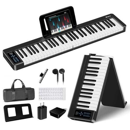 Rhymo Folding Piano Keyboard, 61 Keys Sensitive Electric Piano, Weighted Portable Electric Keyboards with Bluetooth MIDI, Digital Foldable Keyboard for Beginner (Black) - Image 1