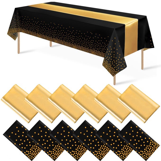 12PACK DISPOSABLE PLASTIC TABLECLOTHS AND SATIN TABLE RUNNER SET BLACK AND GOLD DOT TABLECLOTH GOLD SATIN TABLE RUNNER FOR WEDDING BIRTHDAY BABY SHOWER ANNIVERSARY CHRISTMAS NEW YEAR PARTY SUPPLIES
