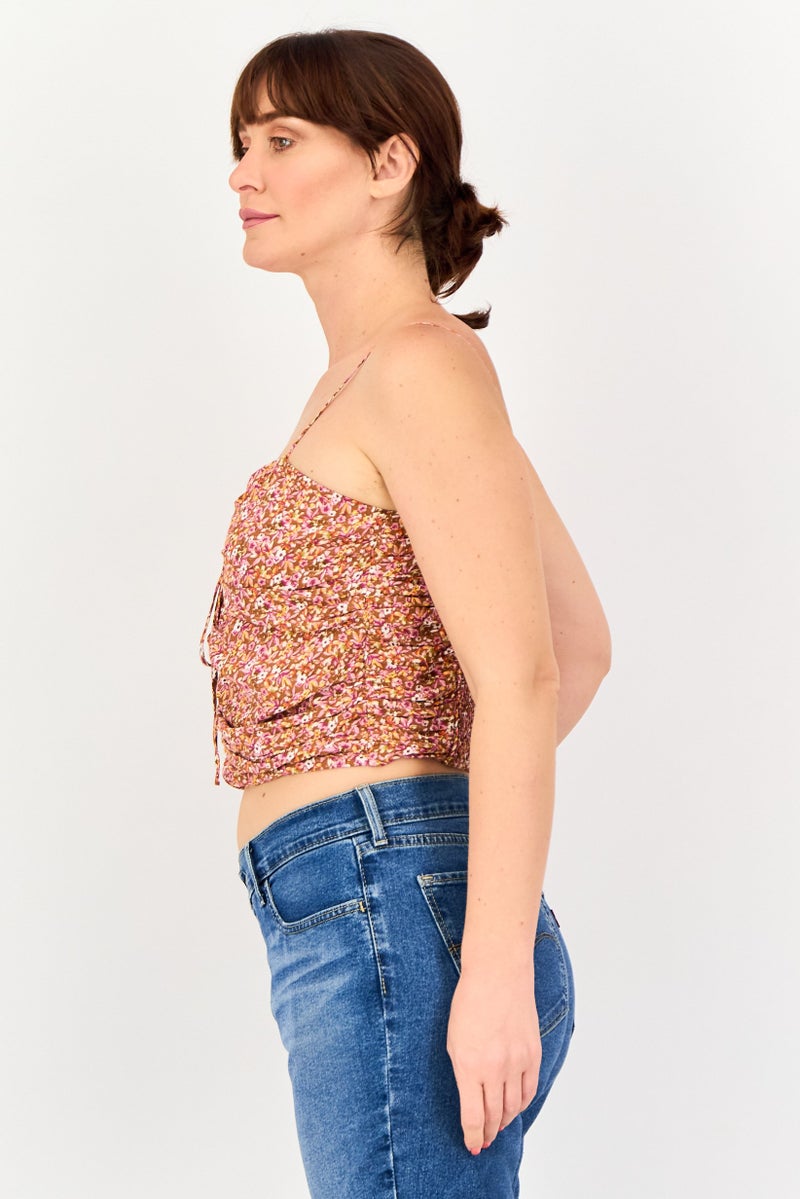 promod Women Tie Neck Sleeveless Floral Print Tank Top, Multicolor - Image 3