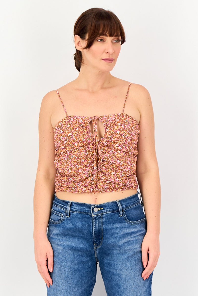 promod Women Tie Neck Sleeveless Floral Print Tank Top, Multicolor - Image 1