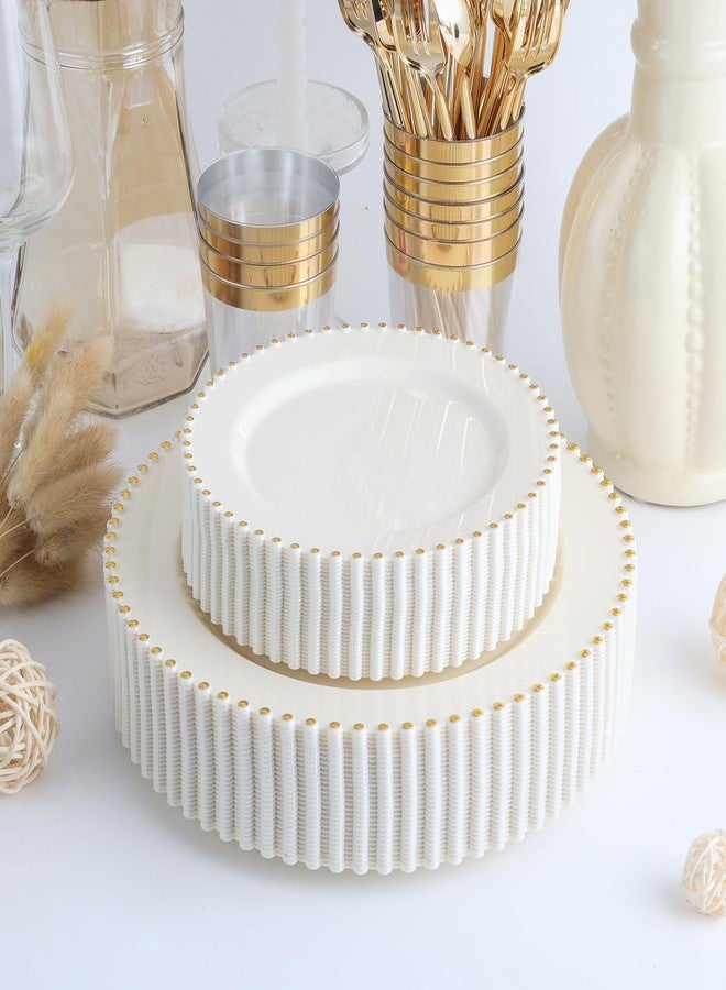 ejonirinjonir EI 60pcs Beige Plastic Plates with Gold Rim,Ivory Disposable Plates,Heavy Duty Fancy Plastic Plate,10" Dinner & 7" Dessert Plate Elegant for Party,Wedding,Birthday,Spring,Afternoon tea - Image 5