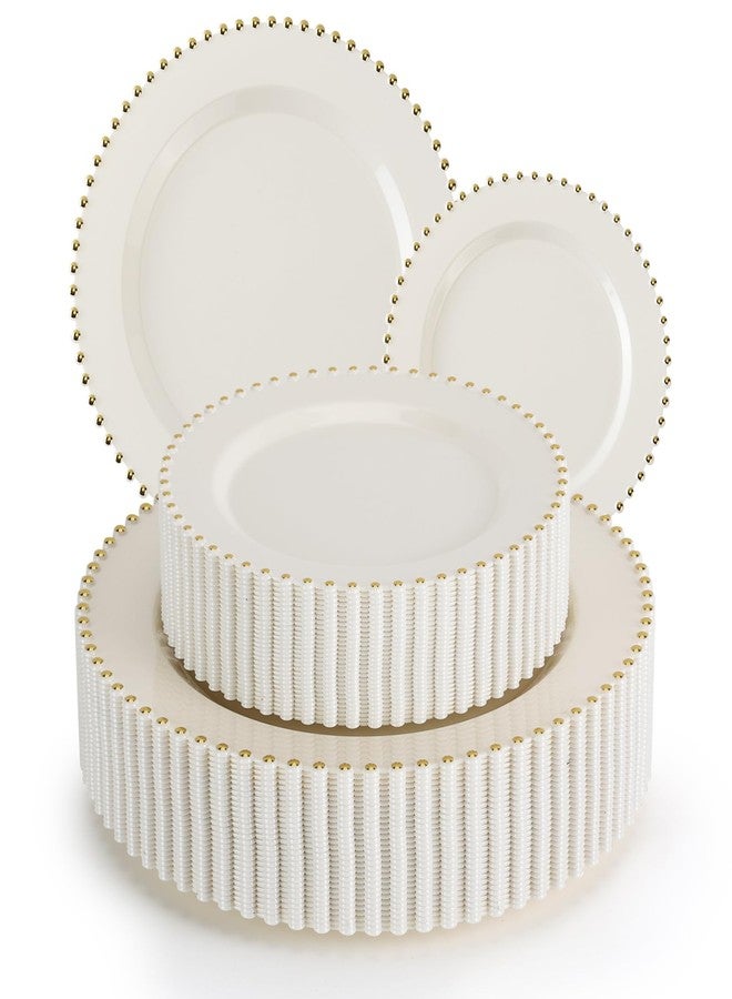 ejonirinjonir EI 60pcs Beige Plastic Plates with Gold Rim,Ivory Disposable Plates,Heavy Duty Fancy Plastic Plate,10" Dinner & 7" Dessert Plate Elegant for Party,Wedding,Birthday,Spring,Afternoon tea - Image 1