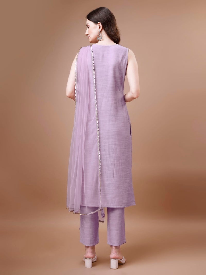 SHOPPING QUEEN Women Silk Blend Chikankari Kurta Pant with Dupatta Set (A528_Purple_X-Large ) - Image 2