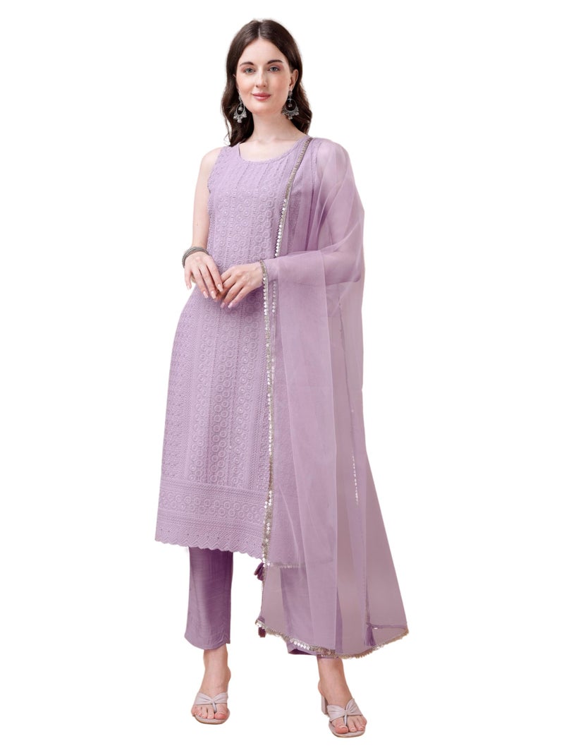 SHOPPING QUEEN Women Silk Blend Chikankari Kurta Pant with Dupatta Set (A528_Purple_X-Large ) - Image 1