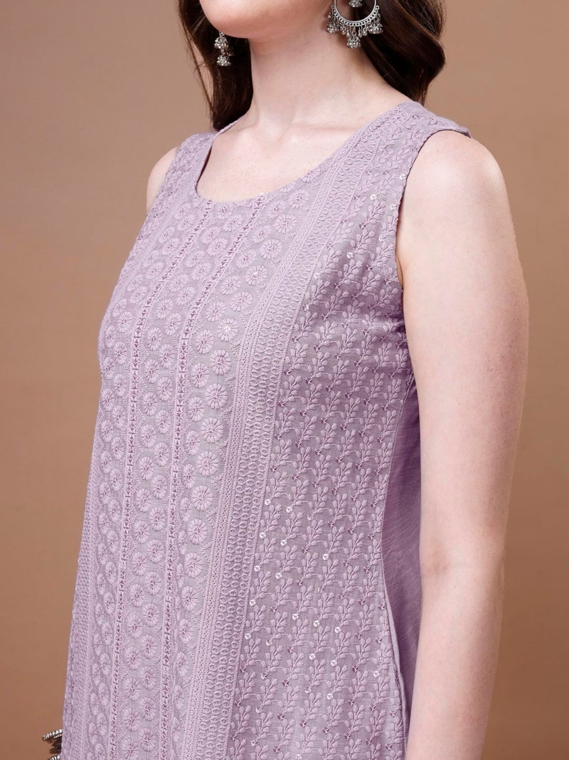 SHOPPING QUEEN Women Silk Blend Chikankari Kurta Pant with Dupatta Set (A528_Purple_X-Large ) - Image 3