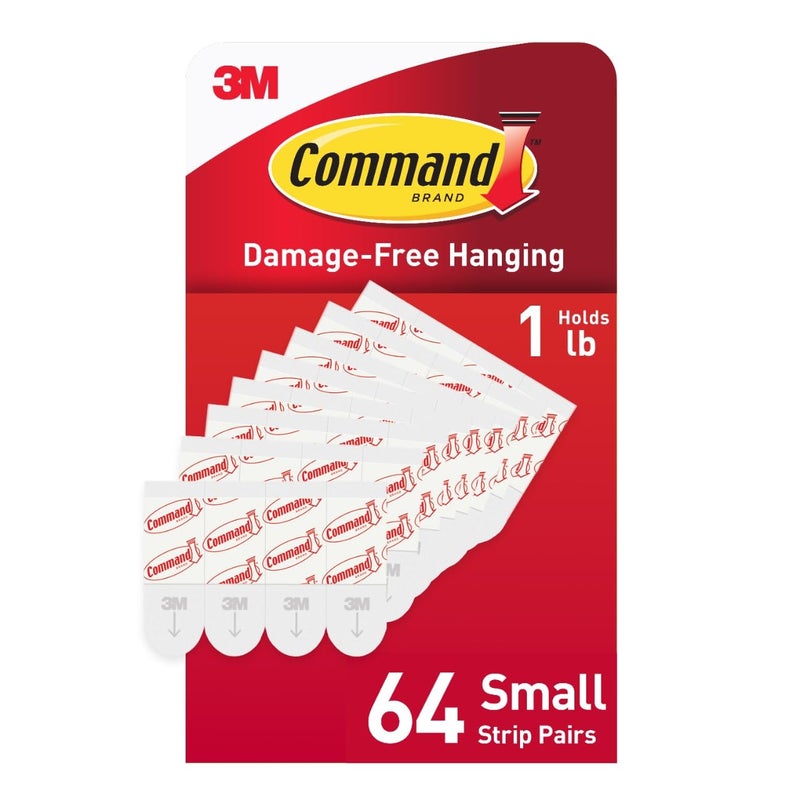 Command Indoor Small Replacement Strips, 64 Strips, Damage-Free Wall Hanging, Re-Hang Small Hooks for Home and Wall Decor, Holds up to 1 lb, White Adhesive - Image 1
