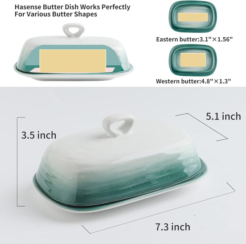Hasense Butter Dish with Lid, Ceramic Butter Dish with Cover for Countertop, Porcelain Butter Keeper Holder with Handle Design for East West Coast Butter, Butter Tray with Lid for Fridge, Green - Image 4