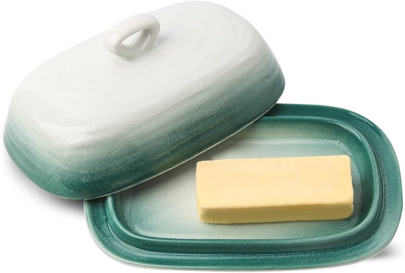 Hasense Butter Dish with Lid, Ceramic Butter Dish with Cover for Countertop, Porcelain Butter Keeper Holder with Handle Design for East West Coast Butter, Butter Tray with Lid for Fridge, Green - Image 1