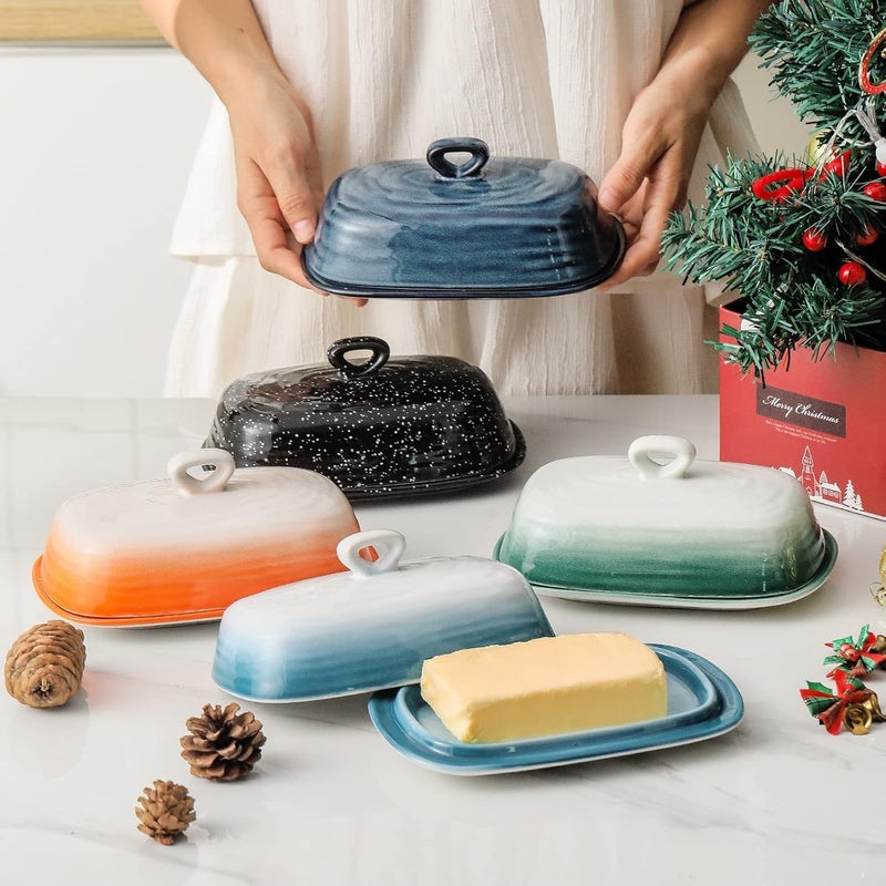 Hasense Butter Dish with Lid, Ceramic Butter Dish with Cover for Countertop, Porcelain Butter Keeper Holder with Handle Design for East West Coast Butter, Butter Tray with Lid for Fridge, Green - Image 3