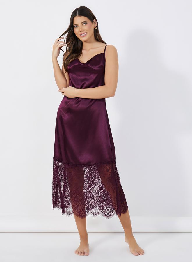 Styli Satin Cowl Neck Cami Lace Detail Slip Dress  - Image 1