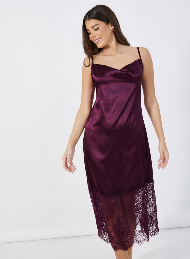 Styli Satin Cowl Neck Cami Lace Detail Slip Dress  - Image 2