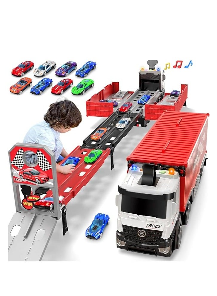 سمارتكس لعبة شاحنة سباق سيارات مع فتحات ومسارات سباق قابلة للطي، لعبة حاملة سيارات نقل للأطفال الصغار، مجموعة ألعاب سيارات، لعبة شاحنة حاوية مع 8 سيارات من السبائك المعدنية، مجموعة ألعاب للأطفال من 3 سنوات فما فوق، أولاد وبنات، لون أحمر - Image 1