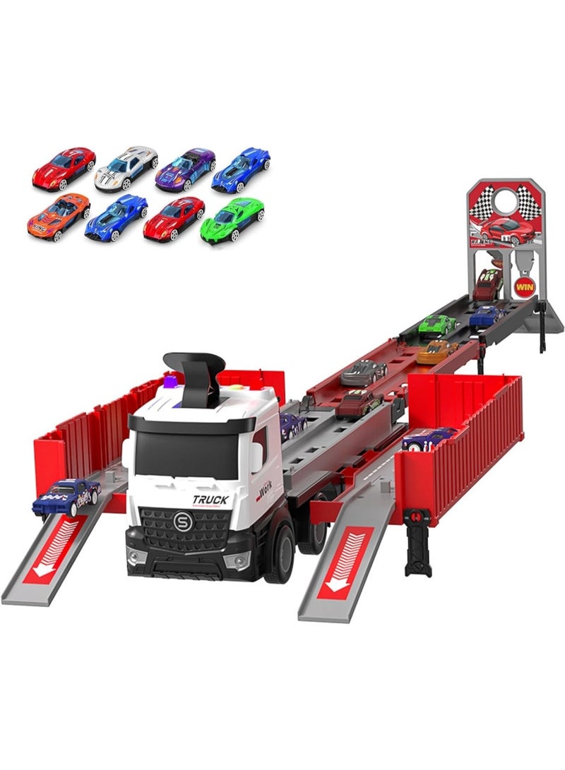 سمارتكس لعبة شاحنة سباق سيارات مع فتحات ومسارات سباق قابلة للطي، لعبة حاملة سيارات نقل للأطفال الصغار، مجموعة ألعاب سيارات، لعبة شاحنة حاوية مع 8 سيارات من السبائك المعدنية، مجموعة ألعاب للأطفال من 3 سنوات فما فوق، أولاد وبنات، لون أحمر - Image 2