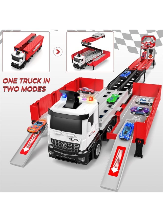 سمارتكس لعبة شاحنة سباق سيارات مع فتحات ومسارات سباق قابلة للطي، لعبة حاملة سيارات نقل للأطفال الصغار، مجموعة ألعاب سيارات، لعبة شاحنة حاوية مع 8 سيارات من السبائك المعدنية، مجموعة ألعاب للأطفال من 3 سنوات فما فوق، أولاد وبنات، لون أحمر - Image 3