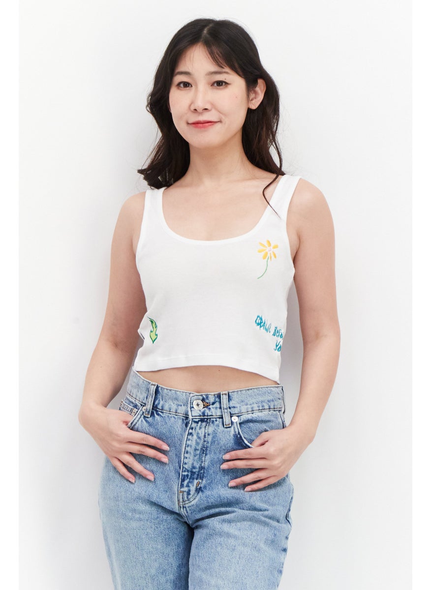 OBEY Women U-Neck Sleeveless Embroidered Cropped Tank Top, White  - Image 1