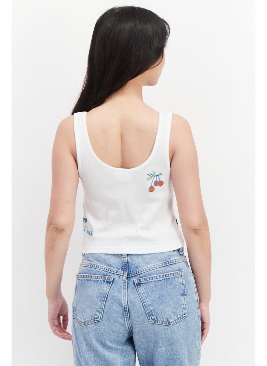 OBEY Women U-Neck Sleeveless Embroidered Cropped Tank Top, White  - Image 4