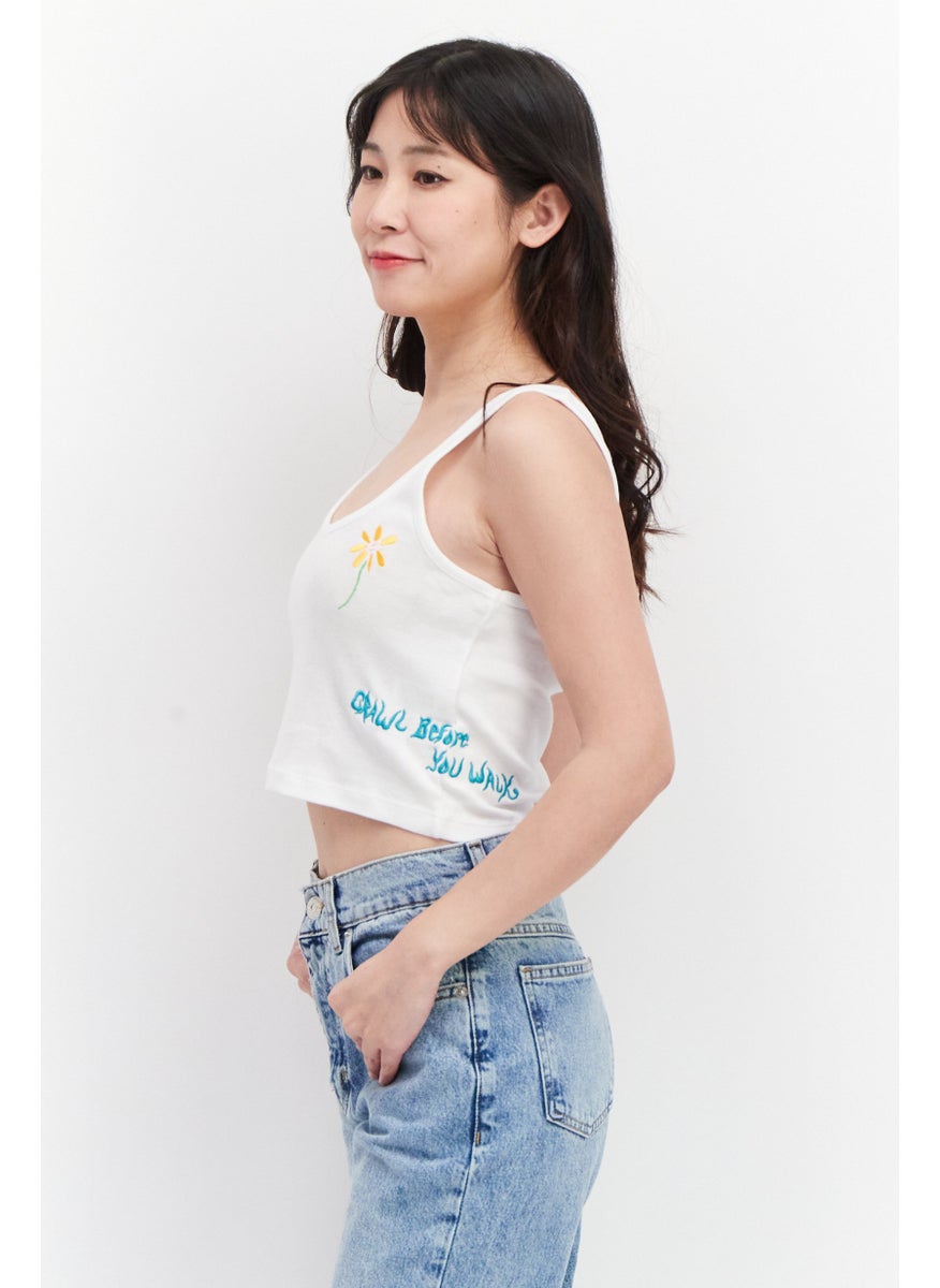 OBEY Women U-Neck Sleeveless Embroidered Cropped Tank Top, White  - Image 3