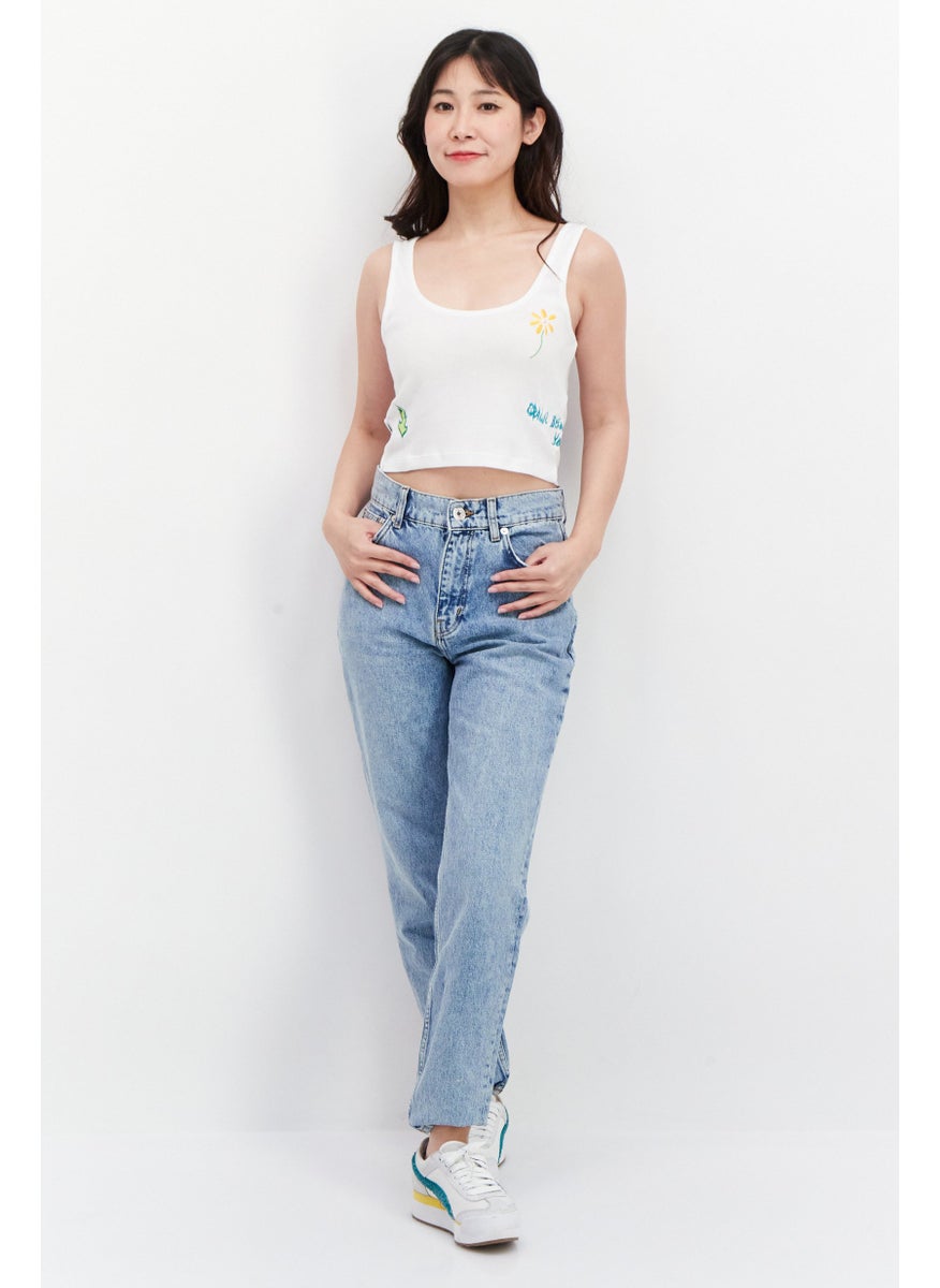 OBEY Women U-Neck Sleeveless Embroidered Cropped Tank Top, White  - Image 2
