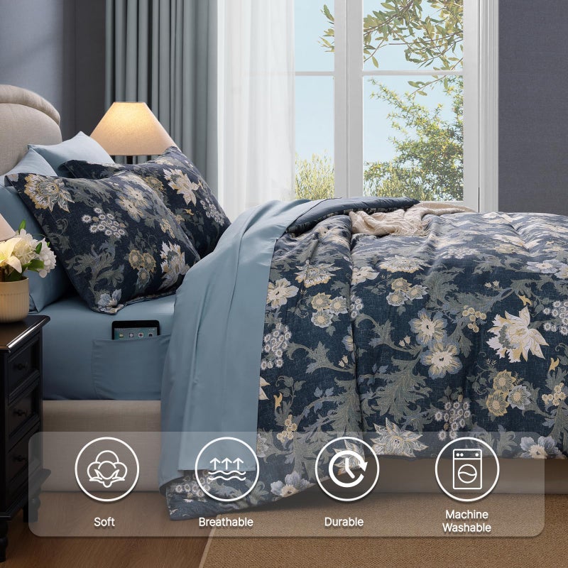 BLOOMHAVEN Queen Comforter Set -7 Pieces Floral Antique Blue Comforter Set for All Seasons, Bed in a Bag Queen with Botanical Flowers Comforter, Sheets, Pillowcases & Shams - Image 5